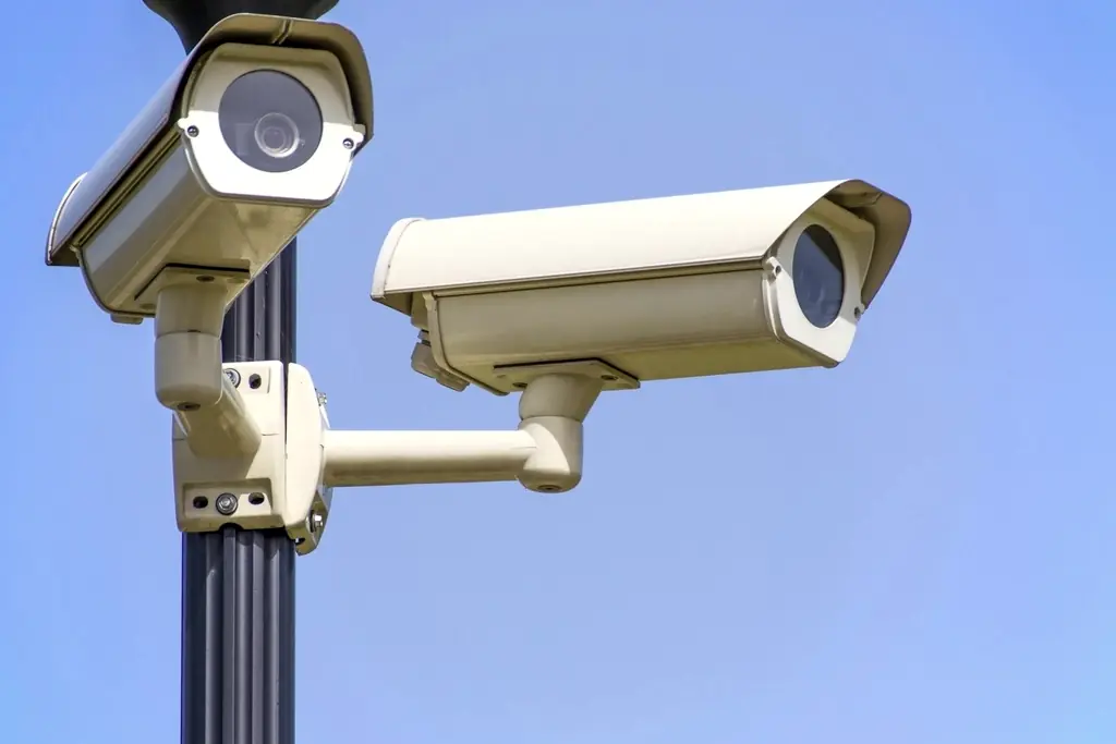 Pole-mounted surveillance cameras covering a perimeter