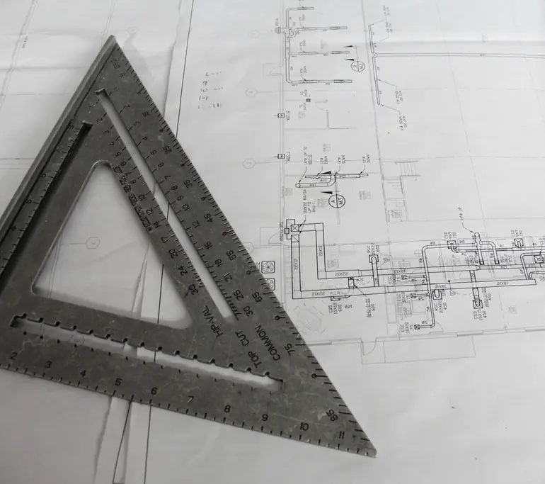 Engineering drawings with a steel rafter square